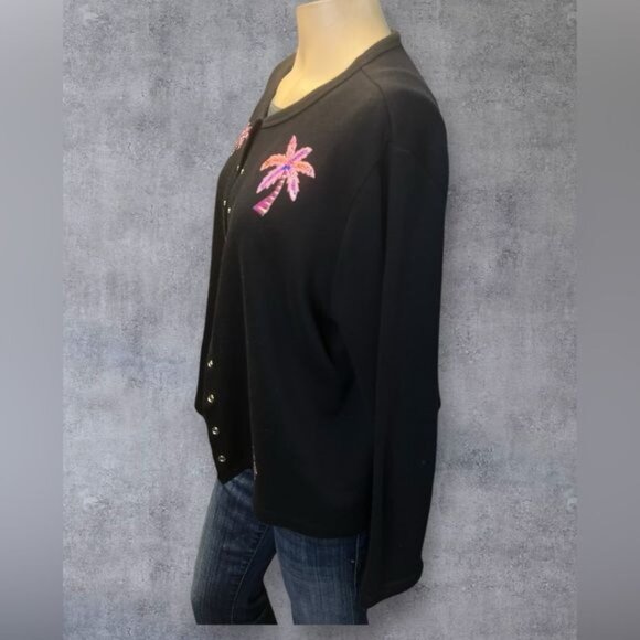 Reference Point Black Cardigan with Pink Palm Tree Embroidery - Size L - Picture 2 of 8